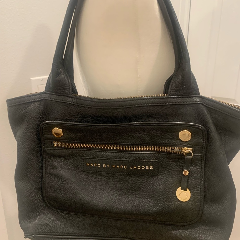 Marc by Marc Jacobs Black Leather Tote with Gold Accents